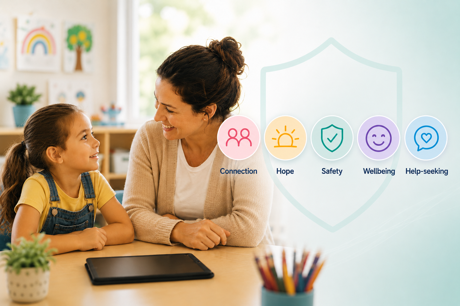 Teacher and child with Kinnections five wellbeing indicators